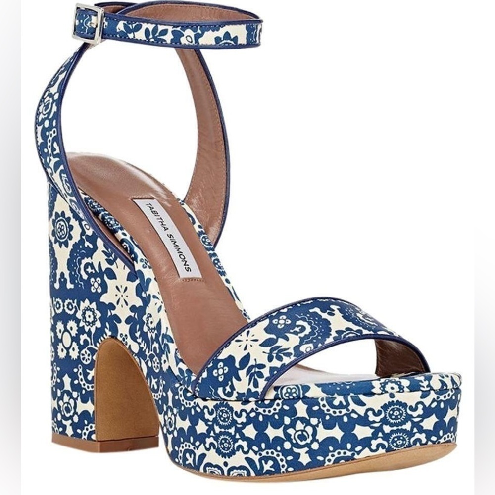 Tabitha Simmons Blue White Floral Paisley Calla Sandals Platform Heels Cycladic